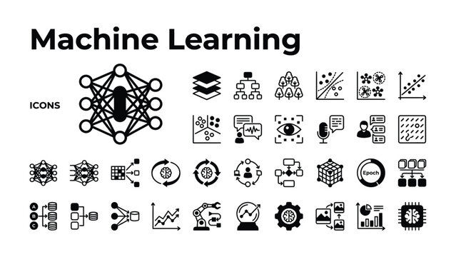 Machine Learning Icon Set: A comprehensive collection of vector icons representing various concepts in machine learning, artificial intelligence, and data science.