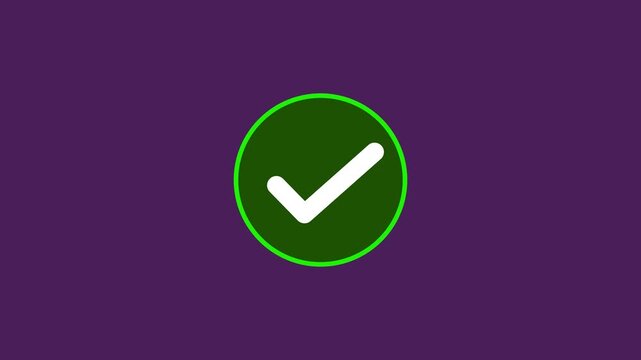 Animated green checkmark inside circle pulsing and disappearing. Success confirmation and right answer icon on purple  background 4k video.