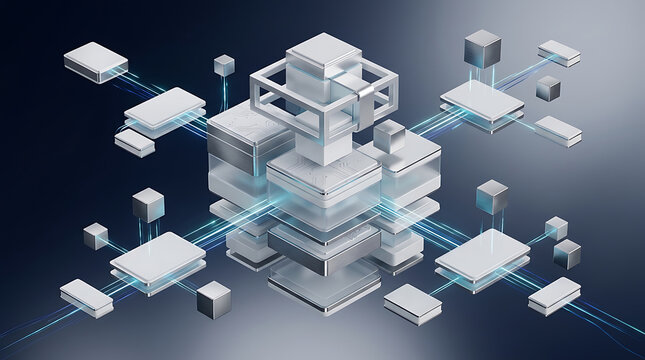 Modern geometric 3d cubes and spheres forming a complex floating structure with glowing blue accents