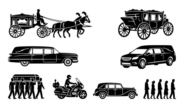 Collection of funeral vehicles and procession silhouettes in black and white