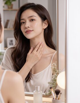 鏡の前で首元に触れる若いロングヘアのアジア人女性