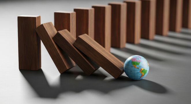 Global Debt Levels Concepts. Global crisis concept with wooden domino blocks falling and stopping at a small miniature earth globe illustrating worldwide impact