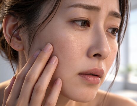 頬の乾燥や肌荒れを気にするアジア人女性の顔のクローズアップ