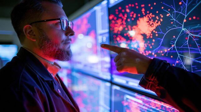Analyst pointing at a glowing disaster map on a plasma blue monitor, with vivid red data points for emergency planning and alert preparedness