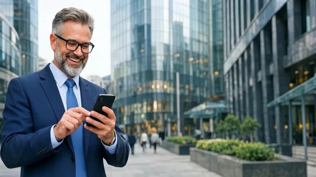 Smiling Businessman in Blue Suit Looking at Smartphone in City Center