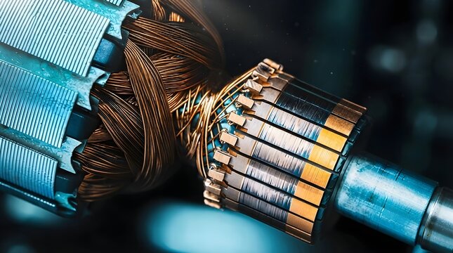 Close up motor armature with wound copper coils, polished commutator segments, blue shaft, laminated metal core, dark workshop lighting, electrical engineering part, industrial repair image artwork