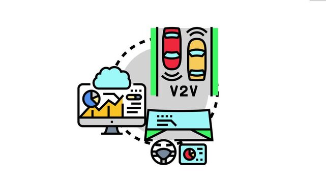 Vehicle telemetry concept showing cars communicating via v2v technology, transmitting data to a managed cloud system for analysis and real time monitoring through a dashboard display