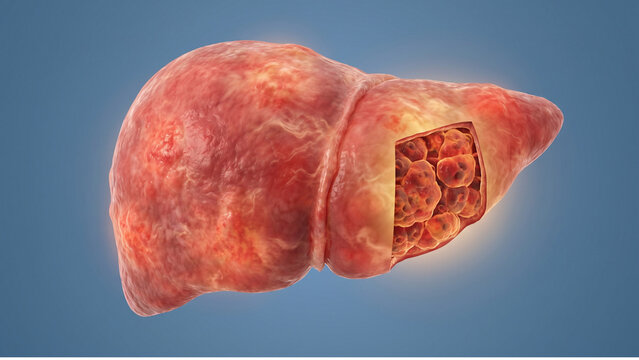 Liver cross-section revealing internal cancerous tumor tissue is rendered against a clean blue background for educational purposes.