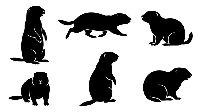 Set of black silhouettes of prairie dogs in various standing and running poses