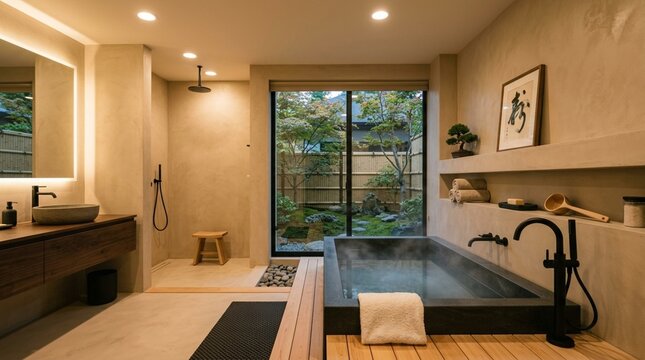 Modern Japanese bathroom with soaking tub overlooking tranquil garden