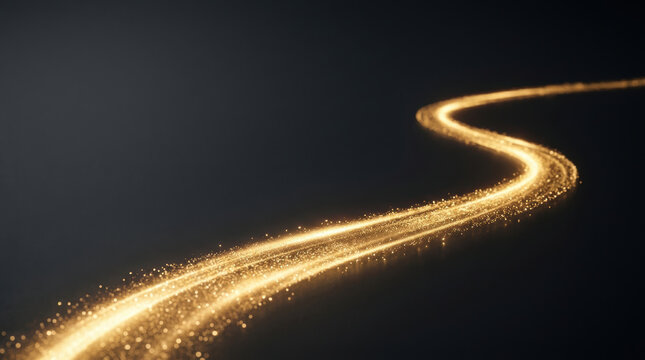 Glowing strategic navigation path curves through darkness creating luminous golden trail with elegant motion and futuristic direction