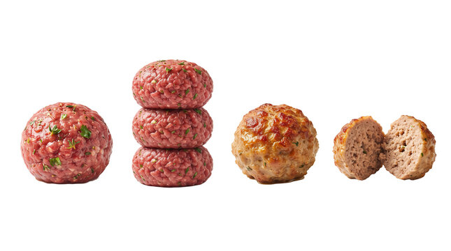 Raw and cooked meatballs arranged in stack and halved showing texture white background with raw meat ground meat white background