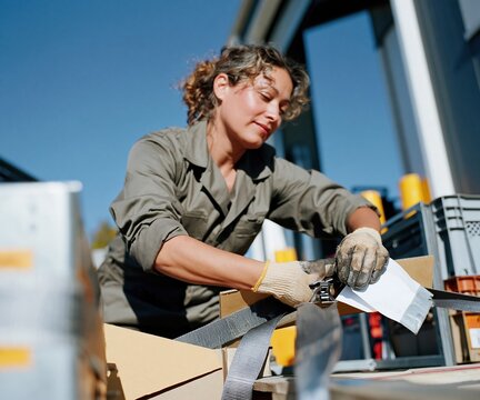 Woman in olive workwear securing a pallet with straps and a shipping document at a sunny loading dock for logistics and freight forwarding