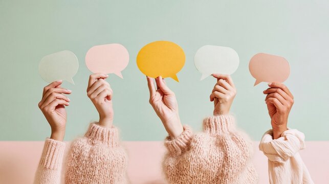 Five hands holding blank colorful speech bubble cutouts against a mint green and pink background, mockup template for communication and feedback