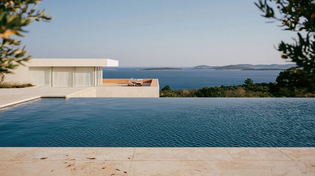 Infinity pool with rippled teal water at a modern coastal villa, featuring a sun-drenched terrace and ocean views for luxury real estate and resort rentals