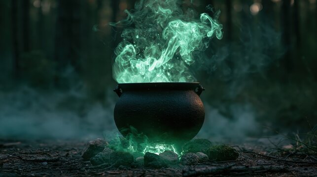 Cauldron bubbling with glowing green magic smoke in a dark forest setting during twilight