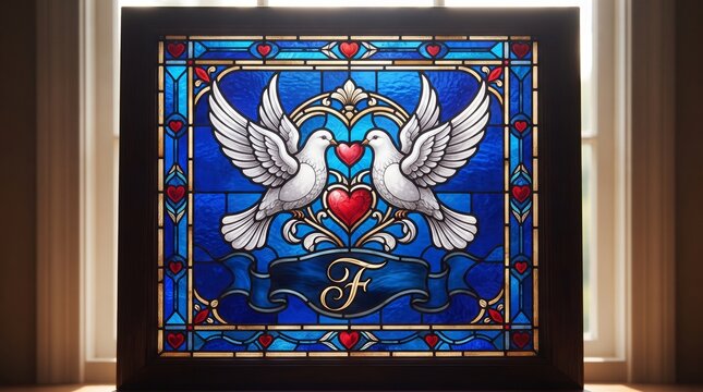 Elegant Stained Glass Panel Featuring Two White Doves Kissing Over Red Hearts with Initial F