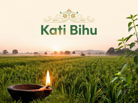 Kati bihu festival greeting with a traditional oil lamp diya in a green rice paddy field