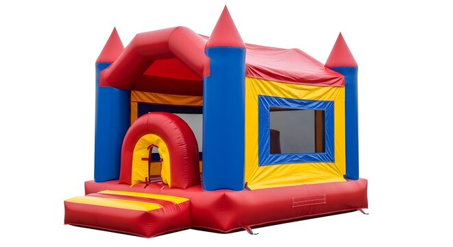 Inflatable bounce house playground isolated on white background with bright colors.
