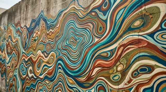 Vibrant Abstract Mural on Concrete Wall, Organic Flowing Shapes, Colorful Pattern