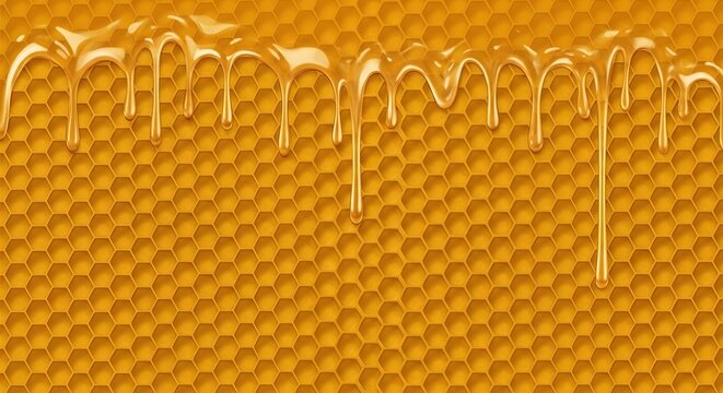 Honey dripping down a detailed golden honeycomb background texture.