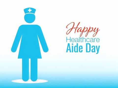 Blue nurse icon graphic with text for happy healthcare aide day celebration