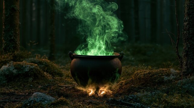 Cauldron with glowing green magic smoke bubbling over a fire in a dark enchanted forest setting