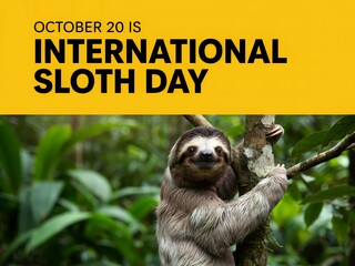 Fototapeta premium International sloth day celebration poster with a cute sloth hanging on a tree in the jungle
