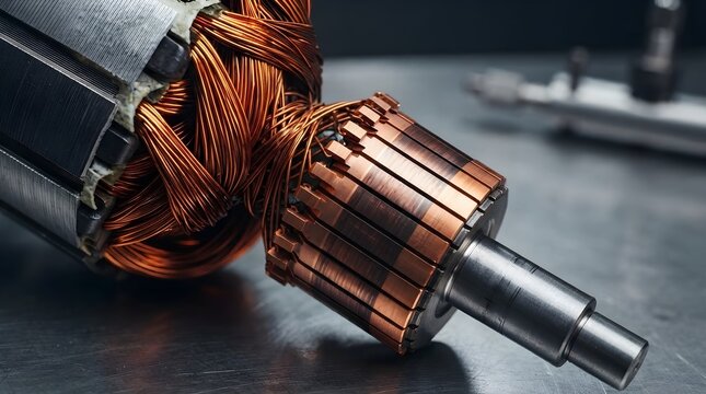  Electric motor armature close up with copper windings, commutator bars, steel shaft, dark workshop surface, industrial repair component, mechanical engineering detail, dramatic machinery product phot