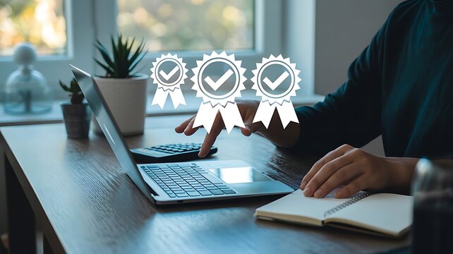 Professional using laptop with digital quality certification seals for business verification and standard assurance