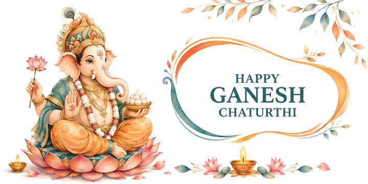  Happy Ganesh Chaturthi - Classical Ganesha Artwork with Ornate Golden Border