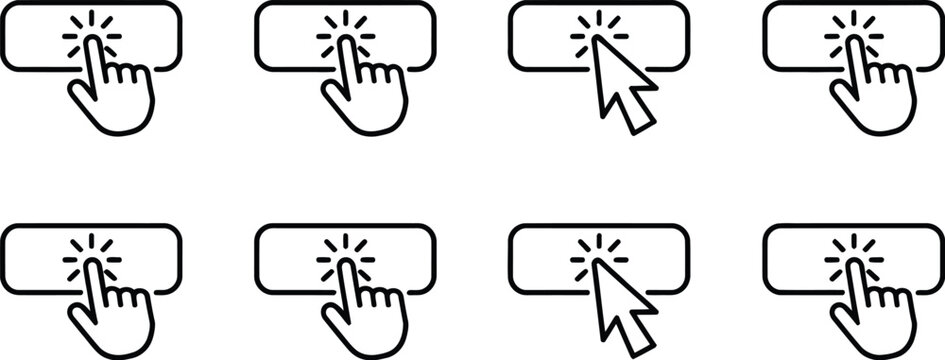 Click cursor set, hand pointer clicking button, click here web symbol, website action control, buy and register button, finger arrow cursor, vector design.