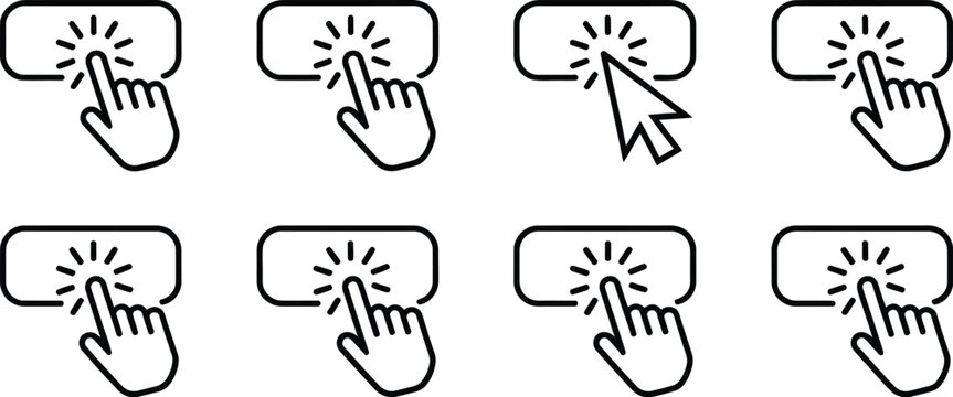 Click cursor set, hand pointer pressing web button, click here symbol, website navigation control, buy register action bar, finger clicking arrow, vector graphic.