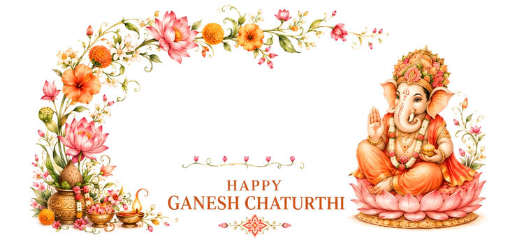 Happy Ganesh Chaturthi - Simple Golden Border with Marigold Flowers and Festive Text