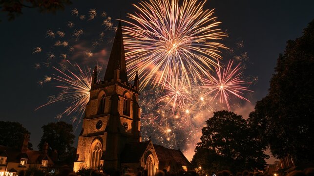 Church spire against night sky with vibrant fireworks exploding during a celebratory event