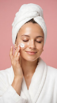 Portrait of a young Caucasian woman wearing a white towel wrap applying moisturizer to her cheek in a spa