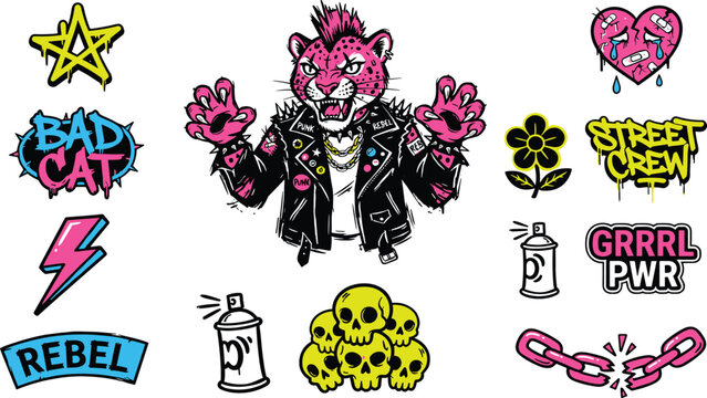 Edgy Cyberpunk Punk Rock Cheetah Sticker Pack Vector Illustration Featuring Rebel Leopard Character in Leather Jacket with Skulls Graffiti Text and Broken Chain Elements