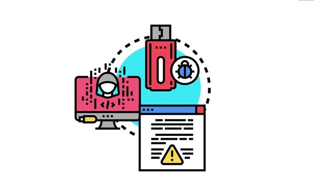 Digital devices facing malware infection, a computer showing hacker code, a usb drive transmitting a virus, and a warning icon on a browser window, cyber security risks