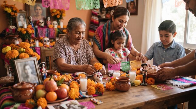 Multigenerational family preparing a traditional D&iacute;a de los Muertos ofrenda together in a warm home setting.