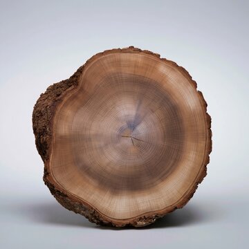 Tree trunk cross section with detailed concentric growth rings and rough bark, featuring a warm wood grain and luminous background for forestry and education