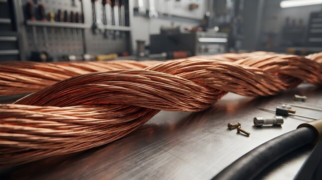 Close up of braided copper wire cable on industrial workbench with warm metal strands, factory background, small hardware screws, electrical material texture, and professional manufacturing product ph