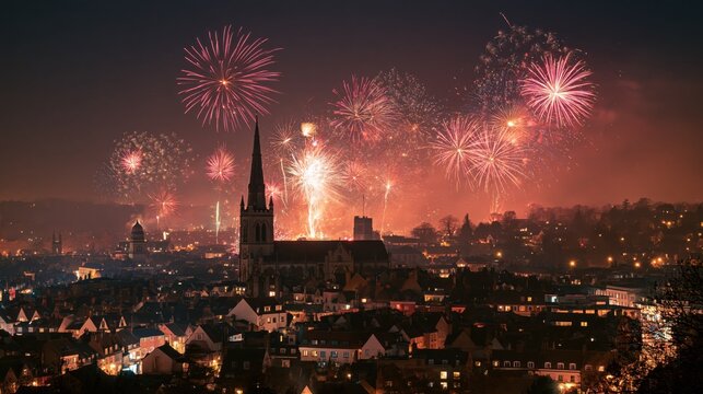City skyline with church spire illuminated by vibrant fireworks during a festive night celebration