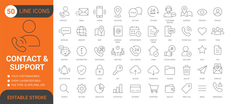 Contact and customer support line icon set with phone, email, chat, location and service. Editable stroke.