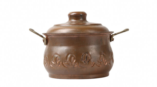 Vintage copper pot with lid and embossed floral pattern