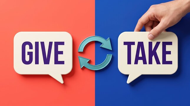 Human hand placing a speech bubble featuring the word take next to a give sign with a circular arrow icon against a split red and blue background design concept illustration.