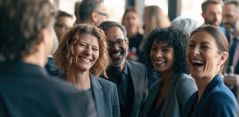 Fototapeta premium Happy professionals meet and connect at a business fair exhibition, creating a relaxed first impression during a lively trade show event.