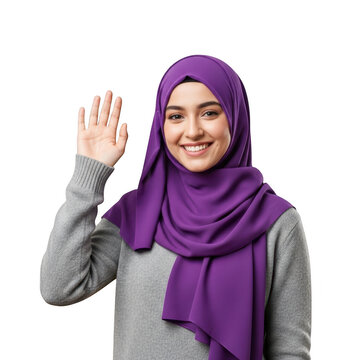Woman waving with purple hijab and gray sweater