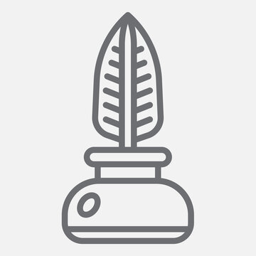 Feather pen and Inkwell line icon, wisdom of writing concept. Vector graphics. Ink writing tools, jar sign with outline style icon for mobile or web