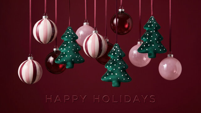 Happy Holidays. A Christmas card of pink and red glass baubles with  stripe patterns and green velvet Christmas tree-shaped ornaments on dark red background.