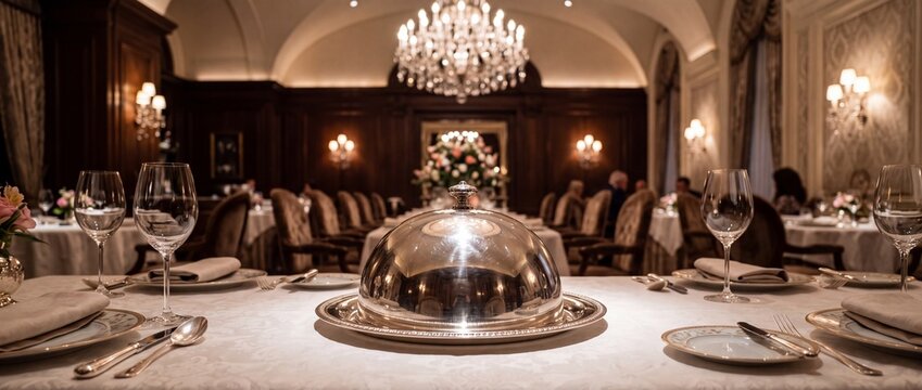 Silver cloche cover on fine dining table setup inside elegant grand ballroom.